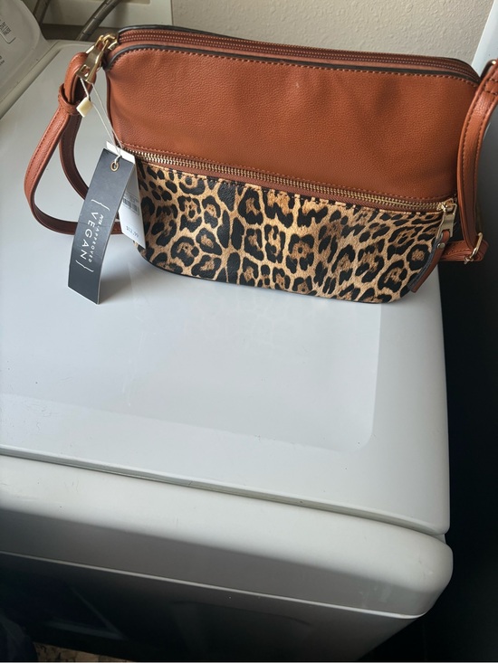 vegan Handbags - Vegan Leather Leopard Accent Crossbody Bag - Brown